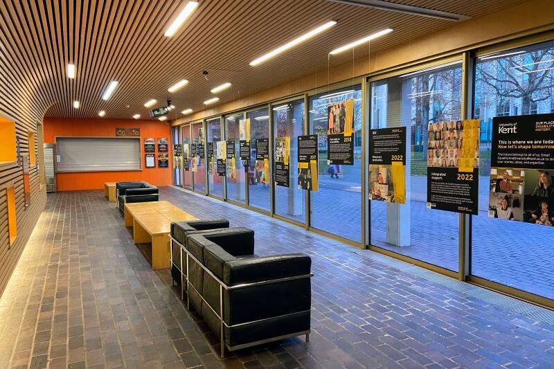 Timeline exhibition hanging in Marlowe Foyer: Disability History at Kent 1965 - 2022