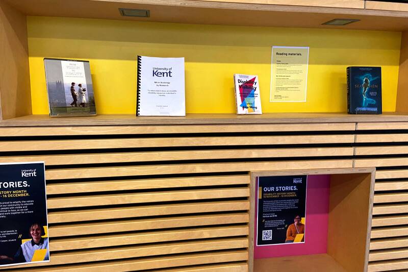 Reading materials displayed as part of Exhibition ofr Disability History at Kent: Our Stories