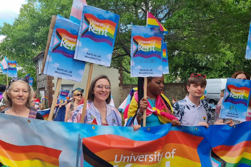 students and staff marching at Canterbury Pride